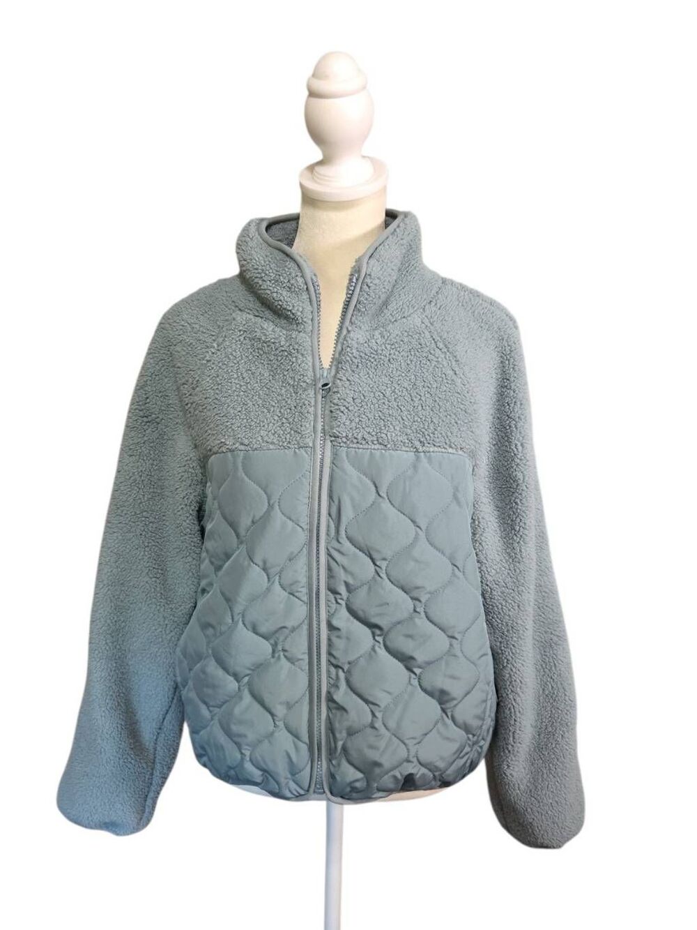 NWT Z by Zella Mixed Media Quilted Fleece Jacket Greyish Green Thistle XS